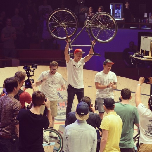 The podium of the fixed gear category with Toms Alsbergs celebrating